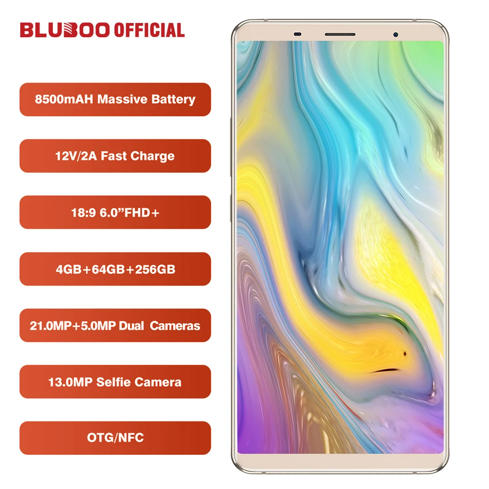 BLUBOO S3 18:9 FHD+ Smartphone 6.0'' MTK6750T Octa Core 4GB RAM 64GB ROM Mobile Phone 8500mAh 21MP+5MP Dual Rear Cameras NFC OTG