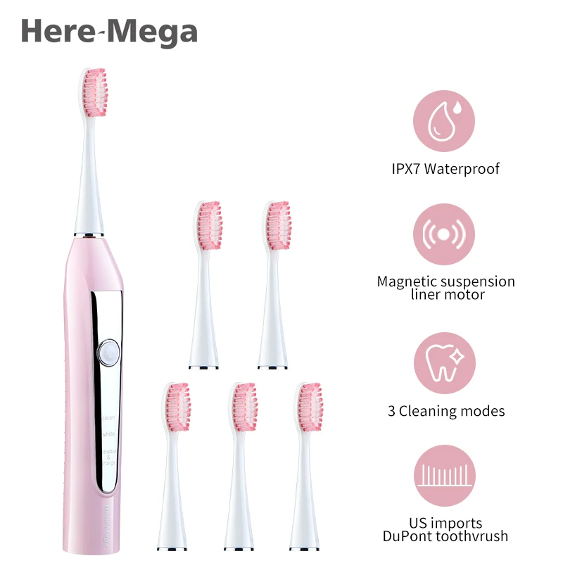 

HERE-MEGA Cleaning Whitening Sonic Electric Adult Toothbrush Super Waterproof Intelligent Charging Three Brush Heads 606