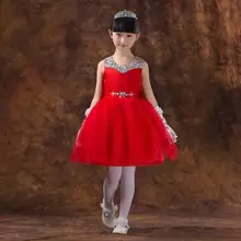 Детское красное платье с поясом и стразами для свадебной вечеринки для девочек Лето вечерние платья с блестками для девочек