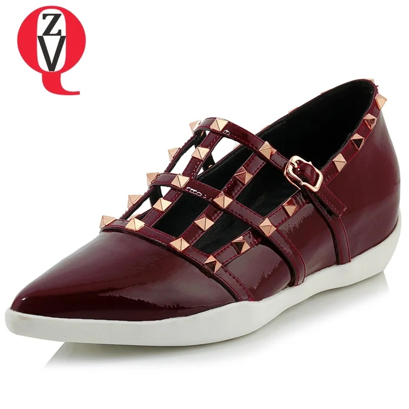 

ZVQ women rivet heels shoes pointed toe wedges patent leather upper cross buckle tied summer new style hollow casual shoes 2019