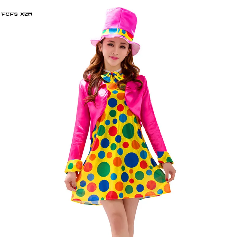 

Women Circus Clown Cosplays Female Halloween Droll Joker Costumes Christmas Purim Carnival Stage play masked Ball party dress