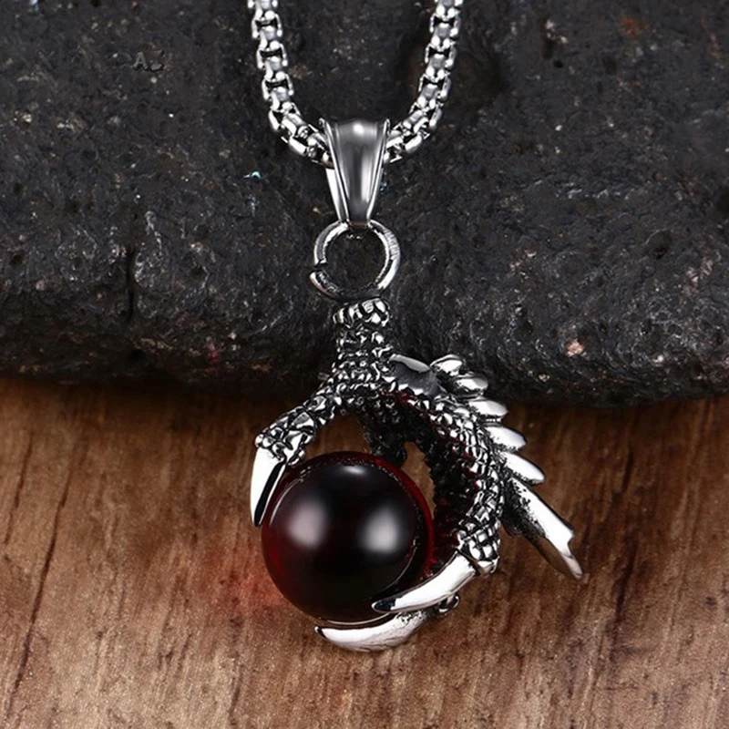 Mens Necklaces Eagle Claw Pendant Holding Imitate Stone Bead Necklaces