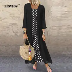 ELSVIOS/женский комплект 2 шт. осеннее платье в горошек с принтом дамское вечернее платье с круглым вырезом и длинными рукавами Повседневное