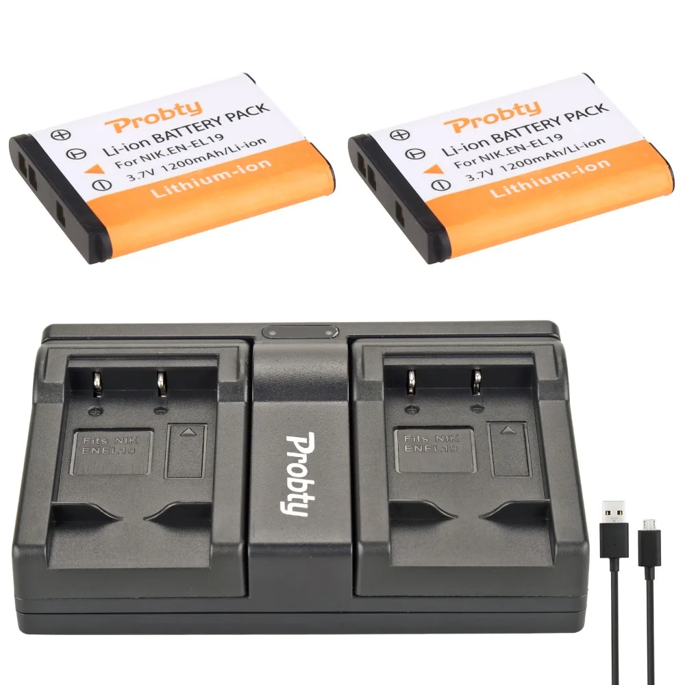 PROBTY 2pcs EN EL19 EN EL19 Camera Battery + USB Dual Charger For Nikon