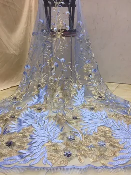 

free shipping (5yards/pc) shining sequins embroidered African beads lace fabric in light blue high quality for party dress X3