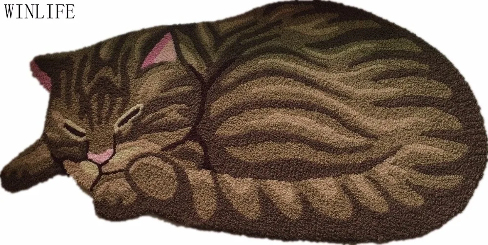 WINLIFE Brown Cute Sleeping Cat Shaped Bedroom Area Rug Tabby Cat Carpetarea rugbedroom area