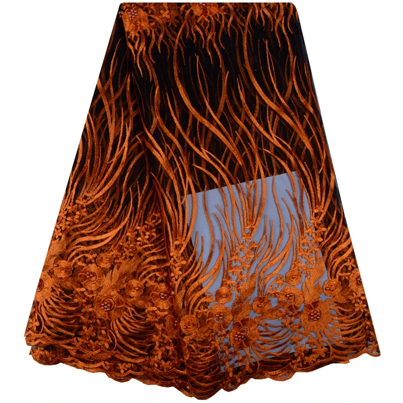 

Orange French Lace Fabric With Plenty Beads High Quality Guipure Lace Fabric For Wedding Dress Nigerian Beaded Lace Fabric F1087