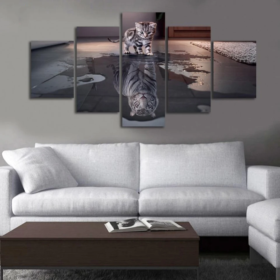 

HD Printed Modular Pictures Large Canvas 5 Panel Cat And Tiger Painting For Bedroom Or Living Room Home Wall Art Decoration