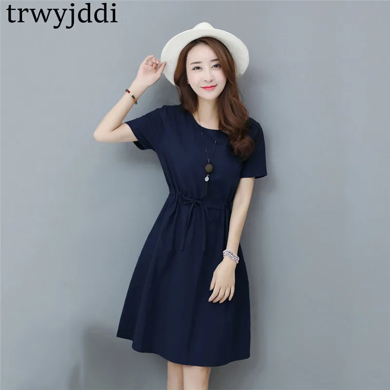 

Large Size Cotton Linen Dress Drawstring Bow Belt Women Summer Dresses 2018 O-neck Short Sleeve Solid Female Vintage Dress hl533