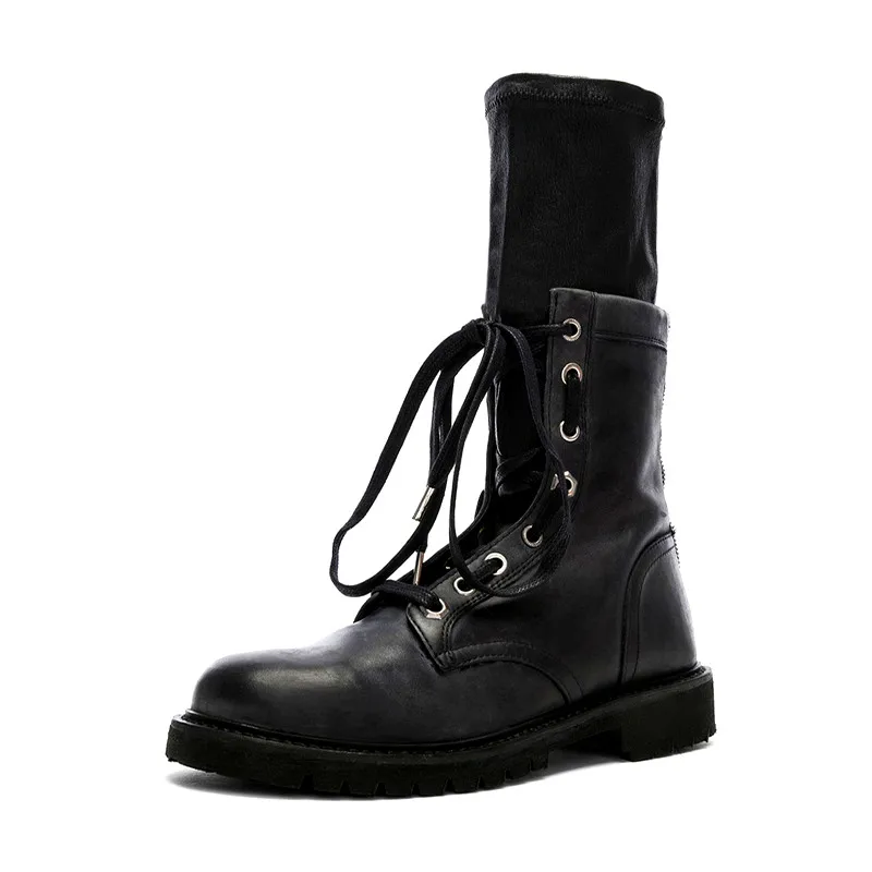 Уличная мода; Женские ботинки в байкерском стиле; эластичные тканевые носки; кожаные ботинки на молнии со шнуровкой; женские ботинки года