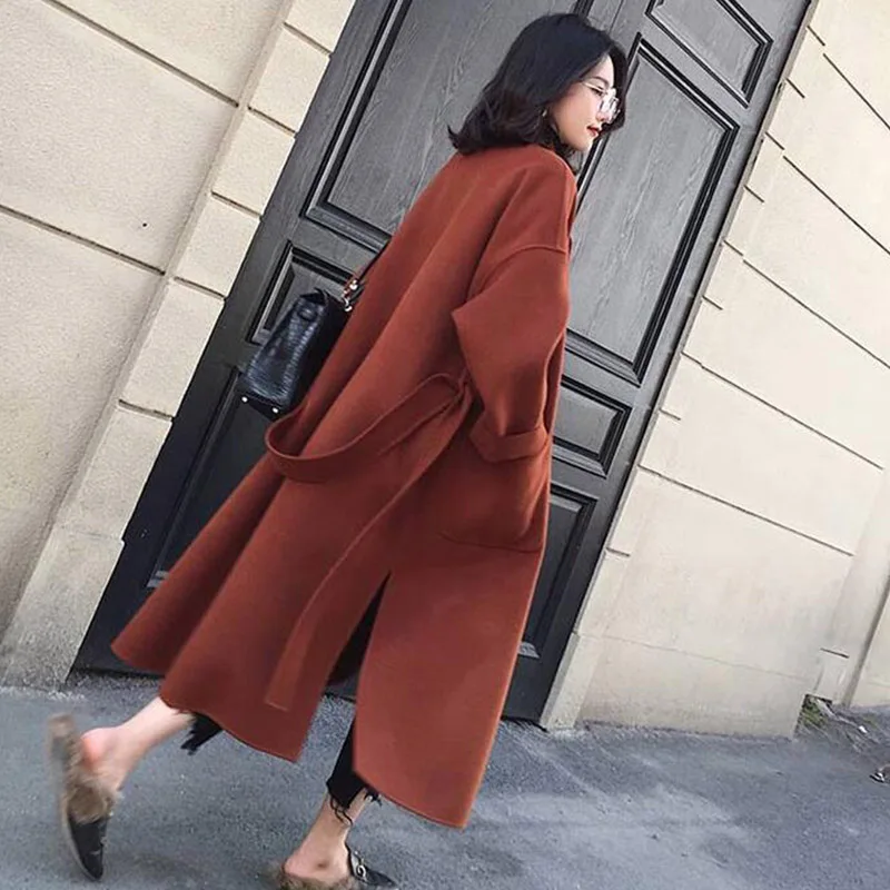 

2019 New Autumn winter Loose Sweet Solid color Woolen coat Medium long Split section Tie Waist Woolen coat Female cc619