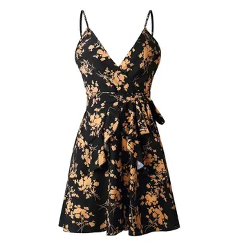 

Women Sexy V-neck Lace-up Beach Dress Ruffled Suspenders Print Irregular High Waist Slim Stretch Sling Dress New