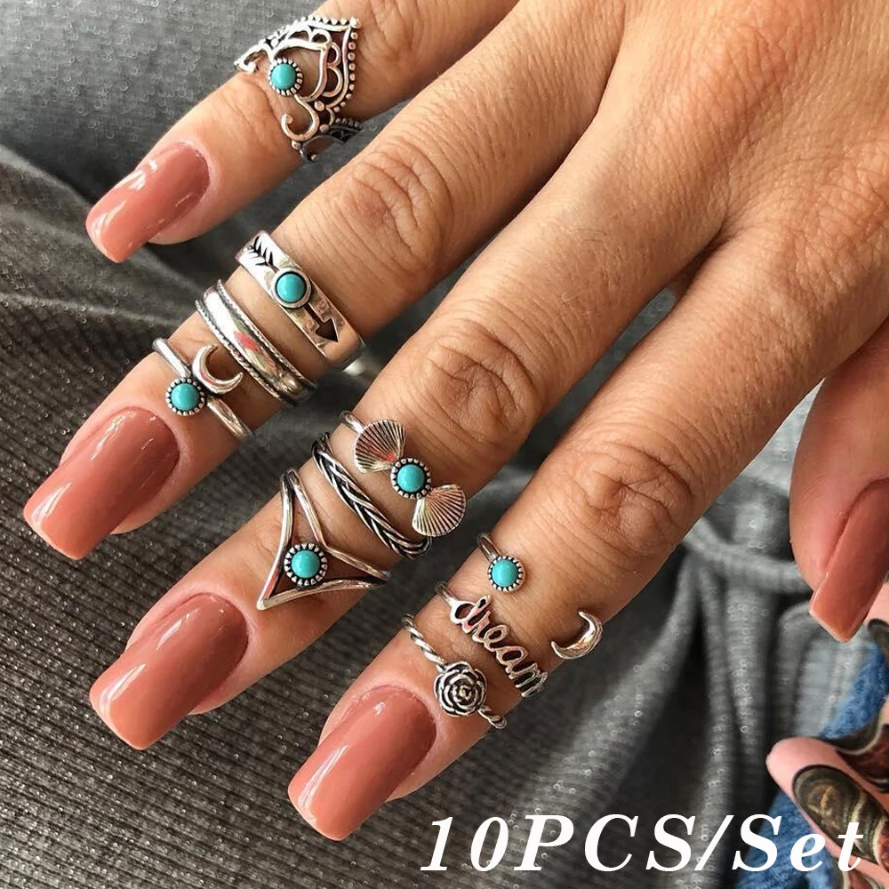 Mujeres Vintage Estilo boho Flor de rosa Nudillo MIDI ring set Piedra Turquesa