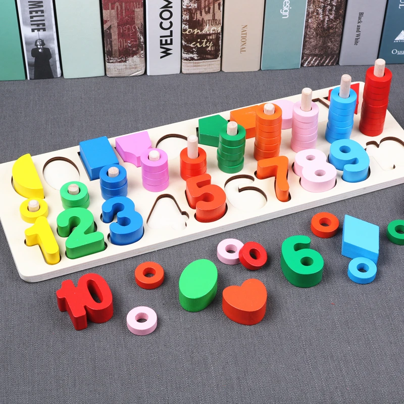 

Montessori Educational Math Toys Rainbow Rings Preschool Geometry Shape Counting Stacking Board Teaching Aids Wooden Toys