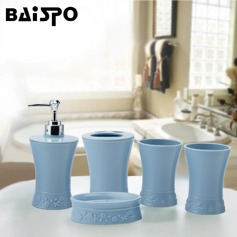 

Baispo 5Pcs/Set Bathroom Suit Plastic Include 2Cup Soap Dish Toothbrush Holder Dispenser Shampoo Press Bottle Bath Accessories