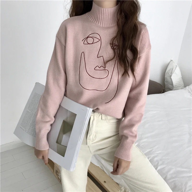 

THUIMCNG 2019 New version loose sweater personality abstract stick figure sweater half-high collar embroidery bottoming sweater