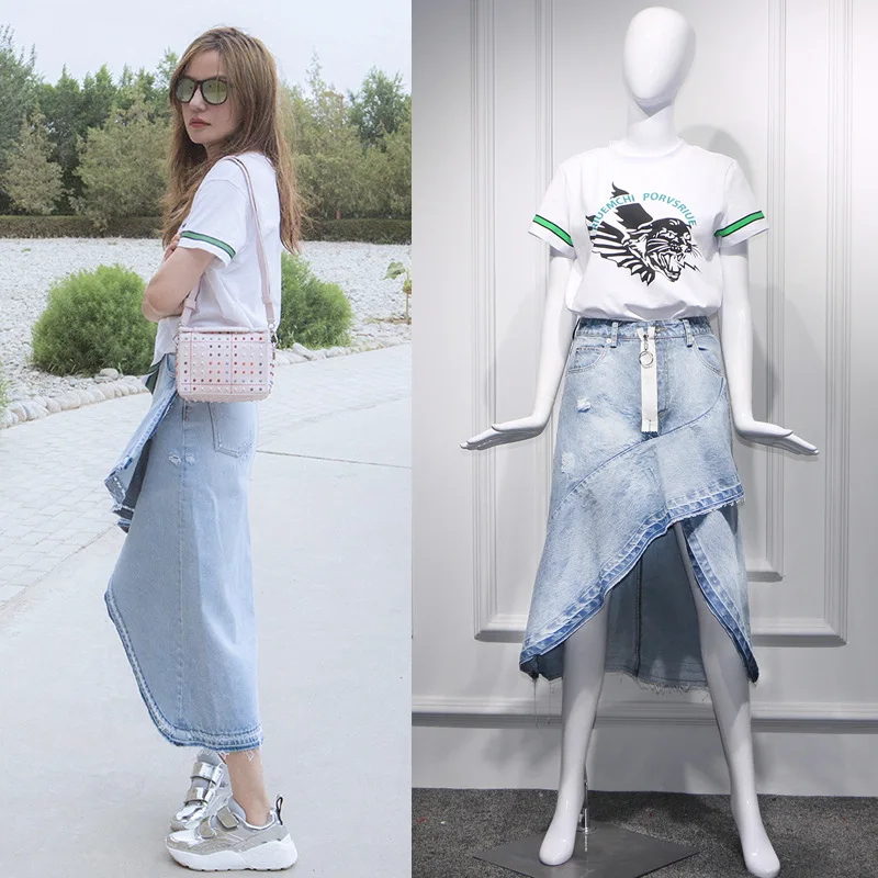

2019 New Star Zhao Wei The Same High Waist Irregular Jeans Half-length Skirt Pockets Asymmetrical Fashion Skirt Clothes Women