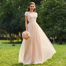 Tanpell lace bridesmaid dress scoop neck cap sleeves floor length a line gown women wedding party formal long bridesmaid dresses stylish scoop neck long sleeves solid color lace dress for women