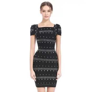

Top quality square collar short beading sequined mini celebrity vintage black sexy pub party bodycon bandage dresses