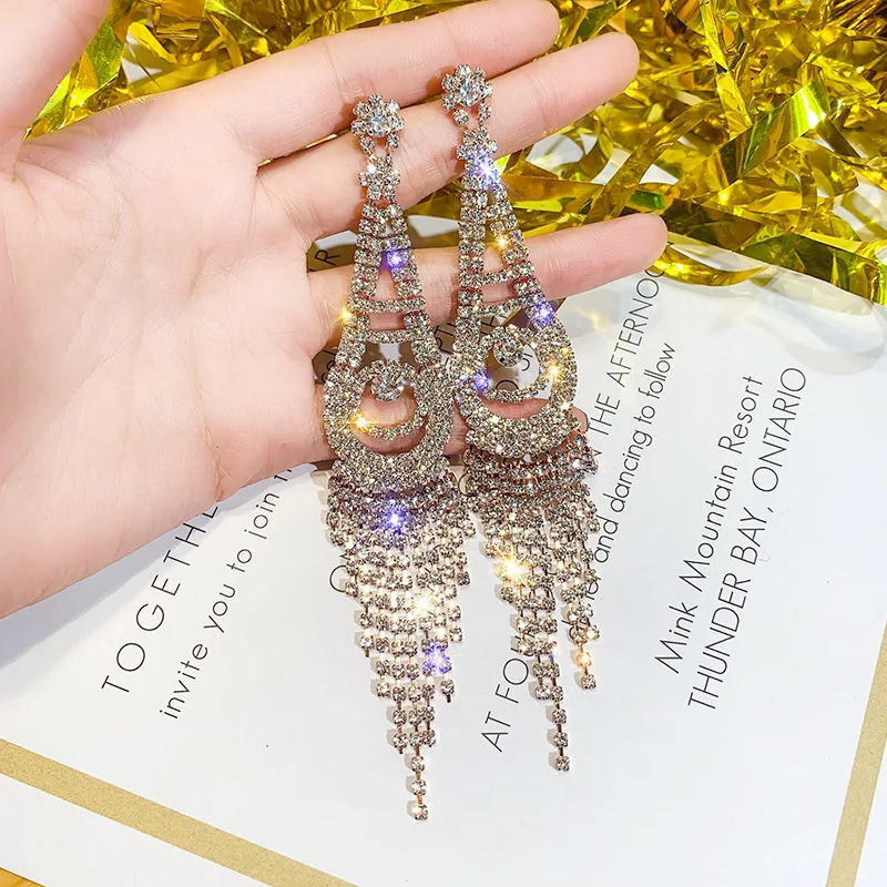 

925 Silver Needle Water Drill Earrings tassel earrings crystal rhinestone earrings jewelry big earrings