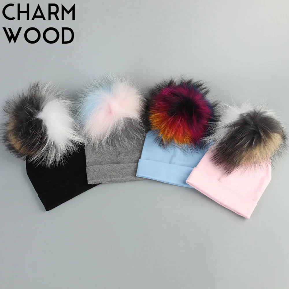 

Autumn Baby Cotton Beanies Hats With Real Fur Raccoon Pompom For Newborn Girls Boys Kids Warm Plain Cotton Skullies Beanie