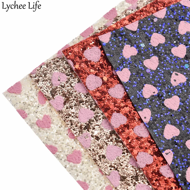 

Lychee Life A4 Heart Thick Glitter Leather Fabric Colorful Shiny PU Fabric DIY Home Garment Sewing Cloth Accessories