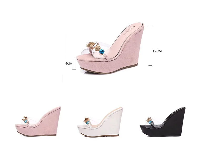 33_New 2018 Wedges Slippers Female Summer Fashion High-heeled Platform Rhinestones Small Size Shoes Pink White Black