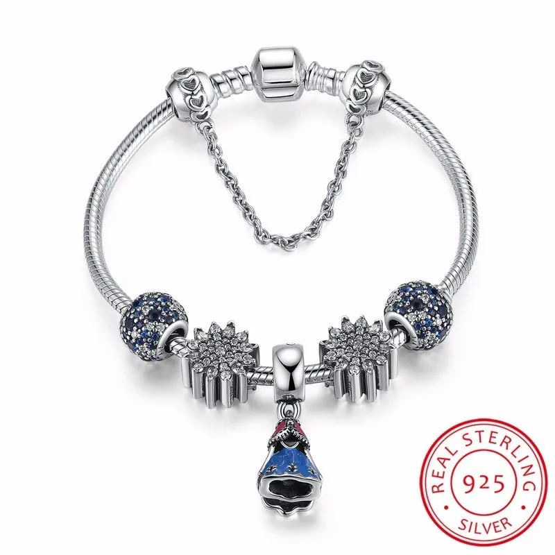 

925 Sterling Silver Snake Safety Chain Bracelet With Ariel's Ice Crystal,Ocean Mosaic Pave Jewelry PSB005