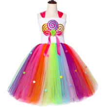 Яркое платье-пачка; яркое платье из тюля с радугой, леденцом; детское праздничное платье-пачка для дня рождения; Пышное Бальное Платье для девочек