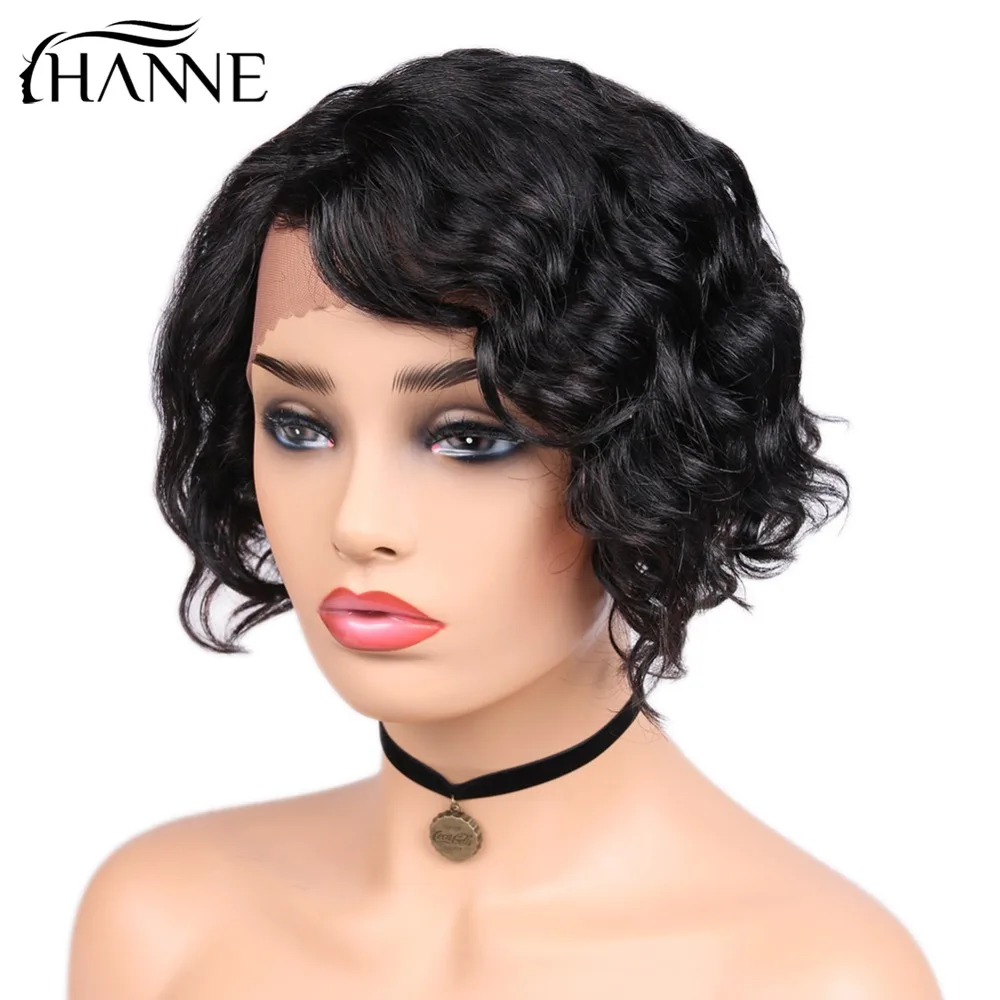 Ханне волос Синтетические волосы на кружеве 100% натуральные волосы парики для черный Для женщин Реми Короткие бразильские натуральное