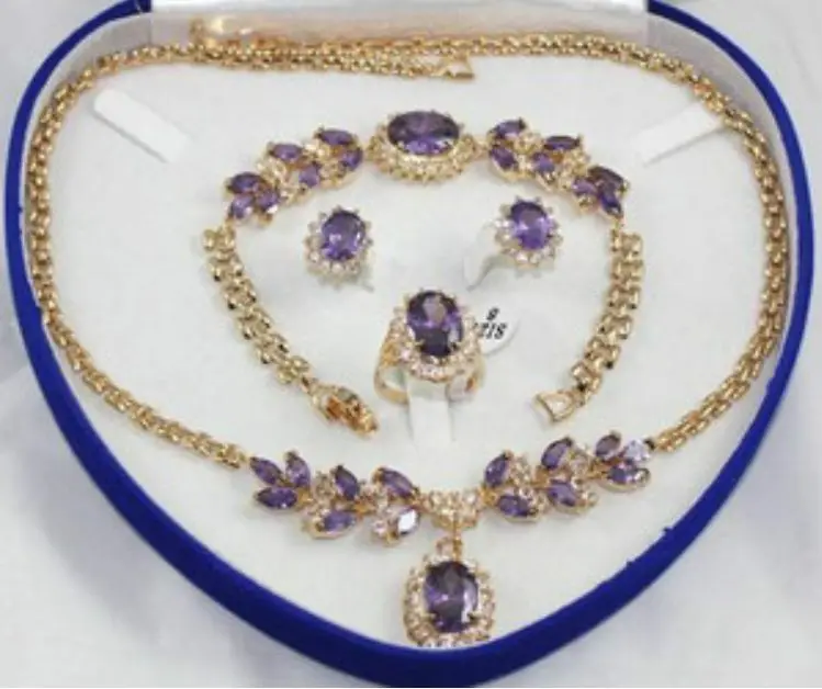 

18K Yellow Gold GP Inlay Purple Crystal Necklace Bracelet Earring Ring 1set A+HY