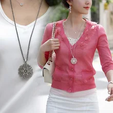 Fashion Women Crystal Hollow Flower font b Necklace b font Long Chain Pendant font b Necklaces
