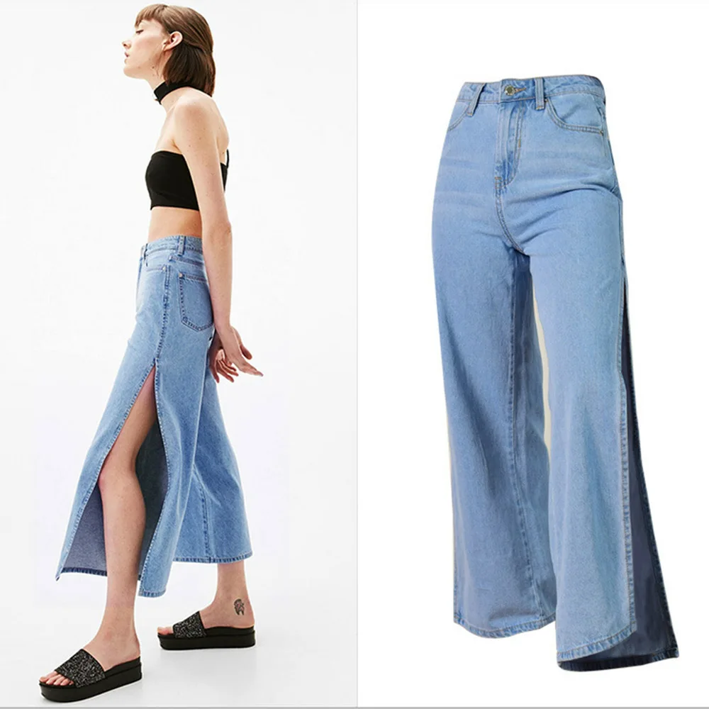 

2018 Autumn new Jeans Woman Loose Wide Leg Flare Pants High waist double side split jeans for women Vintage Denim Pants femme