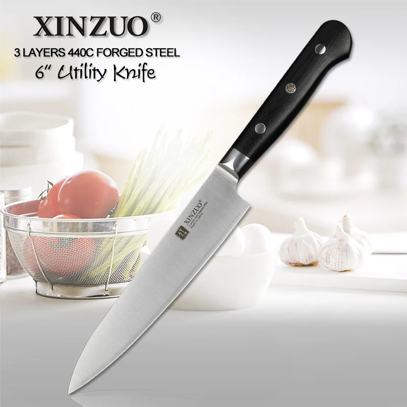 XINZUO 6 inch Utility Knife 3 Layer 440C Core Clad Steel Kitchen Paring Knives G10 Handle Stainless Steel Cutlery Friut Cutter