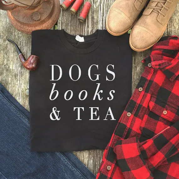 Unisex Dogs Books & Tea Graphic Casual T-Shirt Style Summer O-Neck Cotton Tee High Quality Tumblr Outfits Hipster Crewneck Shirt