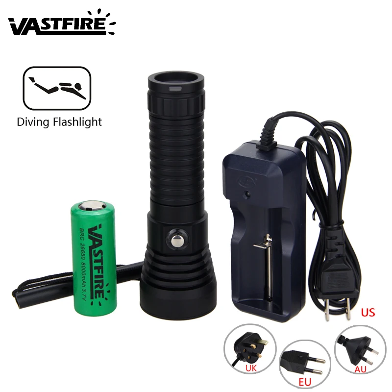 U2 Stepless Dimming Underwater 100M waterproof Diving Fill light Flashlight Tactical Hunting Torch+26650 Battery+Charger
