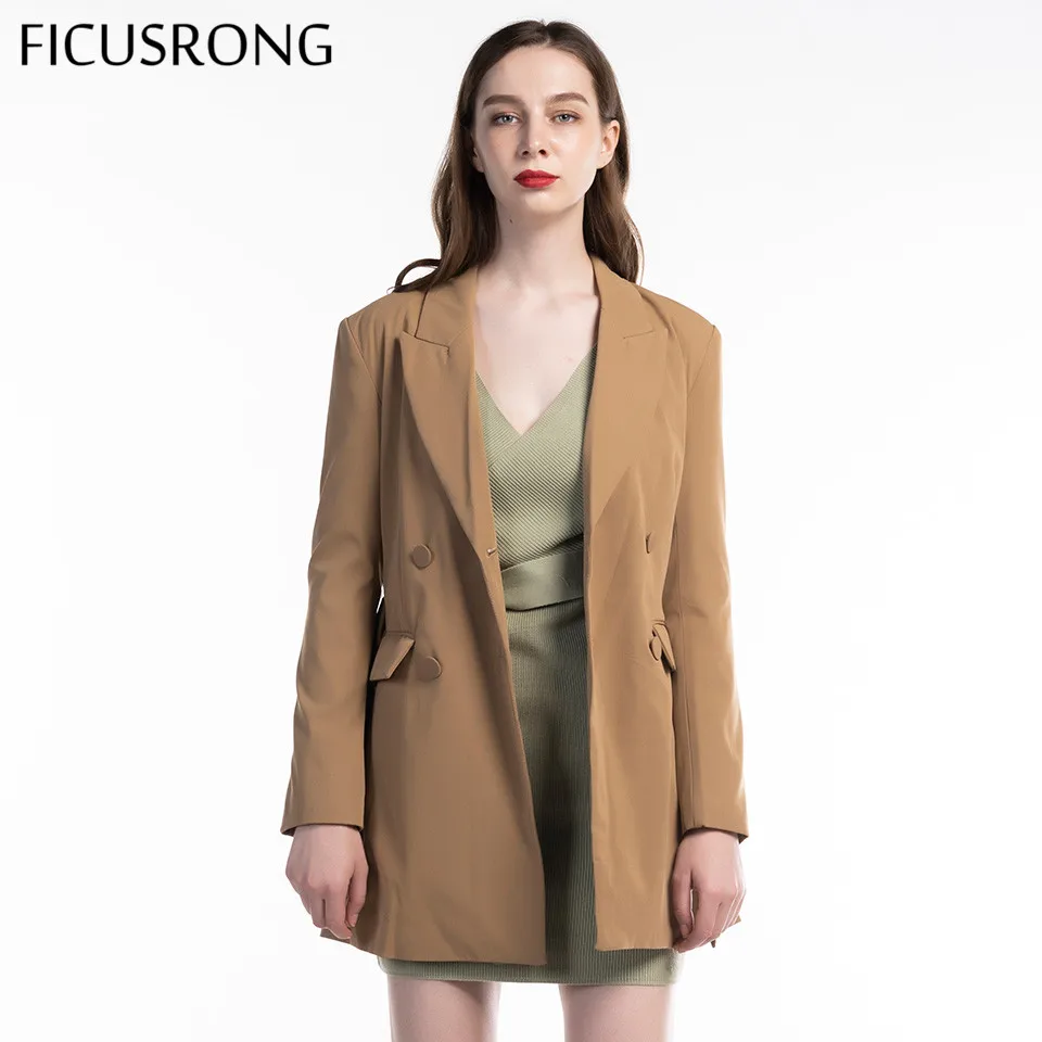 FICUSRONG 2019 New Autumn Women Coat Khaki V Neck Medium Long Blazer With Belt Elegant Solid Pocket Double Breasted Outwear