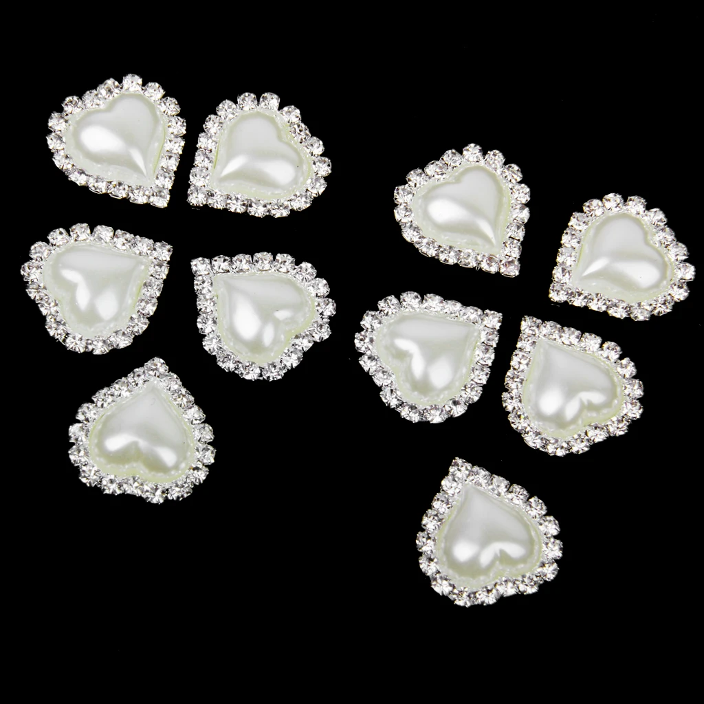 10pcs Heart Crystal Beige Faux Pearl Button Flatback Embellishment 20mm x 25mm