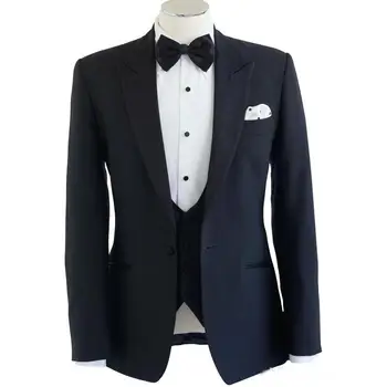 

Handsome Navy Blue One Buttons Groomsmen Peaked Lapel Groom Tuxedos Men Suits Wedding/Prom/Dinner Best Man Blazer 3 Piece Suit