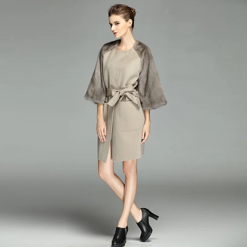 Брендовая модная женская куртка из овечьей шерсти длинная стильная с поясом элегантная женская Высококачественная Красивая норковая TU144-022 с рукавами - Цвет: Khaki