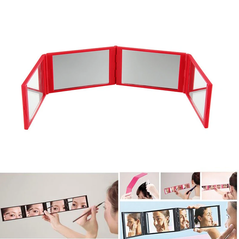 Foldable Makeup Mirror Pocket Red 4 Folds Panel Expandable Mirrors Four