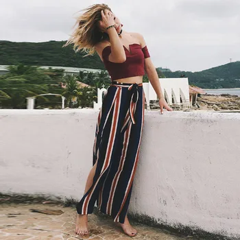 

2020 Summer High Waist Boho Chiffon Wide Leg Pants Women Sexy Split Striped Beach Ankle-length Trouser Casual Long Culotte Pants