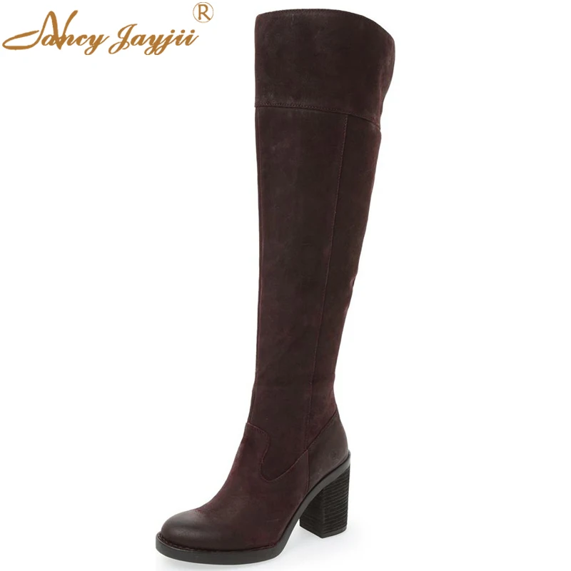 Women Winter Dark Brown Suede Side Zipper High Square Heels Waterproof