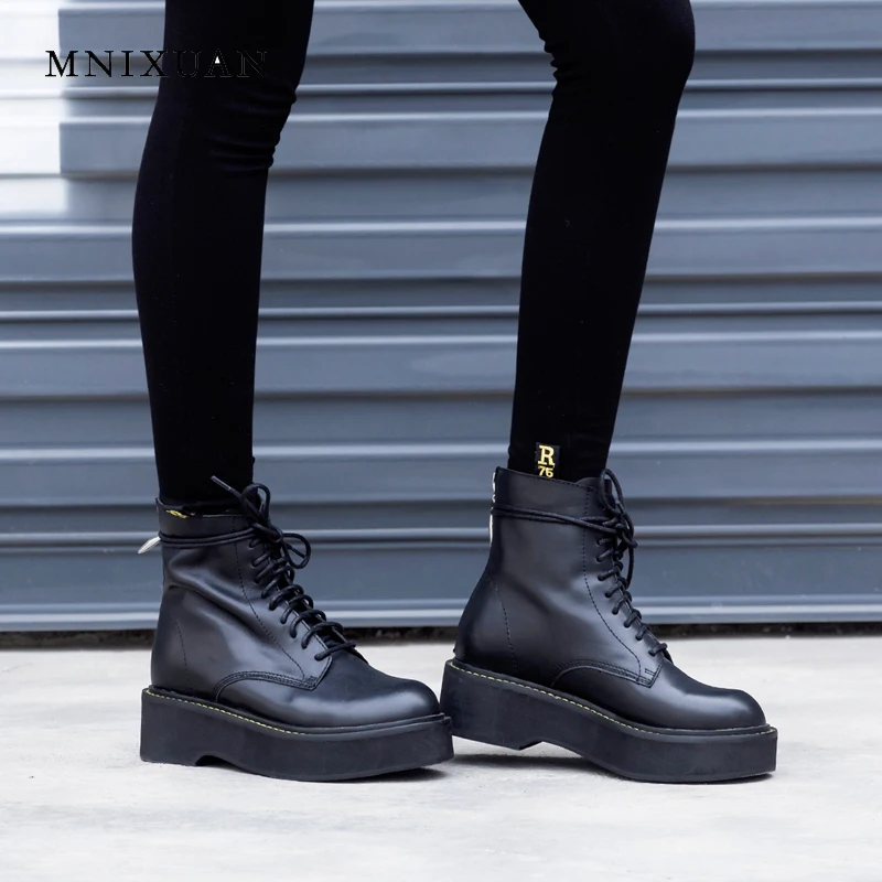 

MNIXUAN shoes women ankle boots with heels genuine leather round toes black straps 2018 winter flat platform zipper short boots