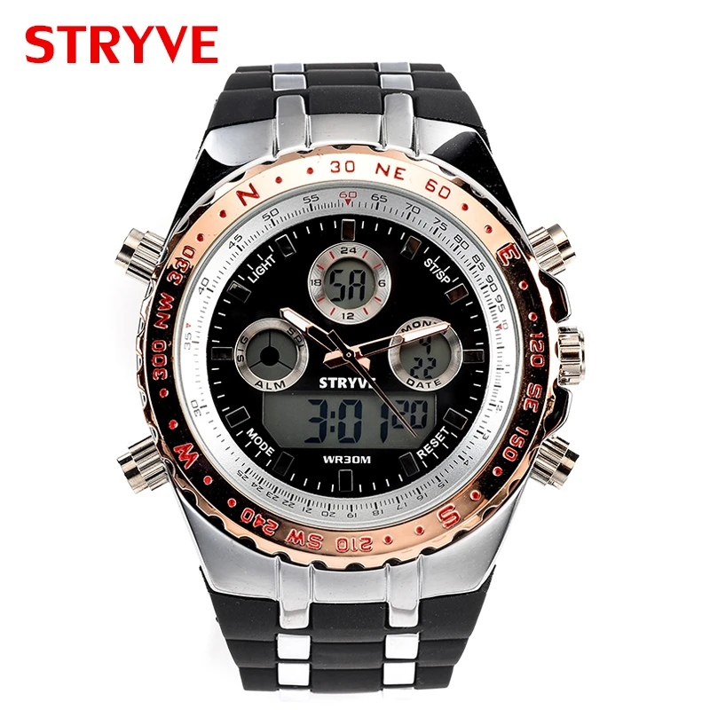 Montre Homme Stryve S8002 Sports Watches Army Military Heavy Dial Alarm Led Analog Clock Luxury Stryve Men Digital analog Watch