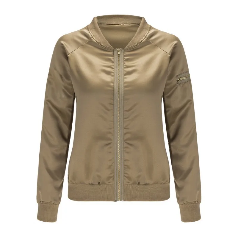 Sexy Black Silver Zipper Satin Bomber Jacket Women Basic Coats Ladies Spring Autumn Coat Top Long Sleeve Wrap Surcoat Outwear