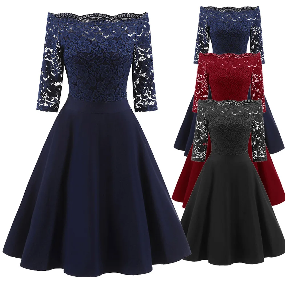 

Women New Vintage Lace Patchwork Off Shoulder Cocktail Party Retro Swing Dress