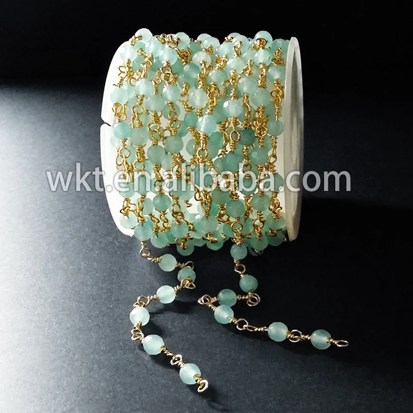 

WT-RBC020 AAA Quality Faceted Green Stone Beaded Chain 3mm,Peru Chalcedony Rosary Chains, Hydro Stone Chains