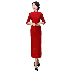Осень-зима платья матери Половина рукава Красные кружевные Длинные Cheongsam ретро Китайский Стиль улучшилось Cheongsam