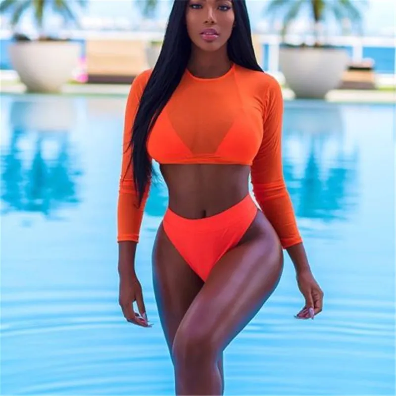 

3pcs Bikini Set Women Push-Up Padded Bra Bandage Bikini 2019 Female Swimsuit Sheer Swimwear Solid Orange Fish Net Bathing Suits